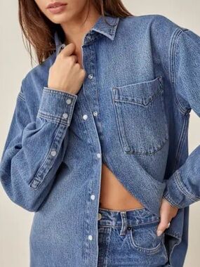 Reformation Kaci Blue Denim Shirt X Small Pearl Snap Front Cotton Western